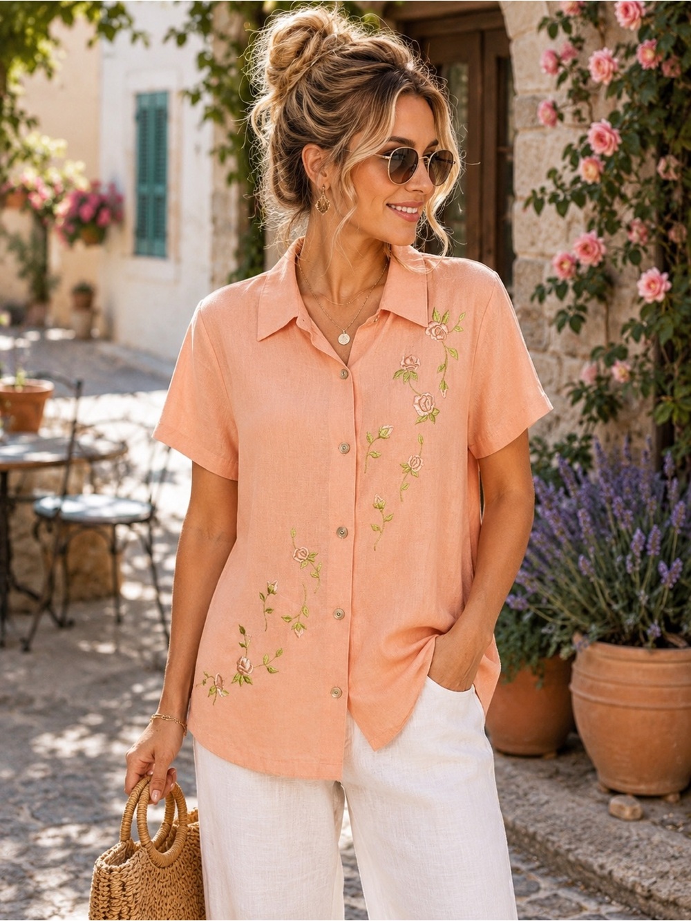 Emma James Peach Linen Blend Embroidered Blouse Size 12